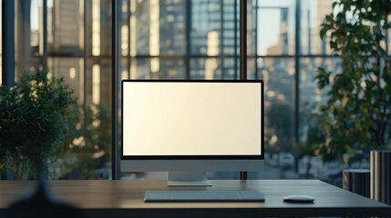 Fototapeta premium Modern Desktop Computer in Office Setting With City View