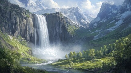 Majestic Mountain Waterfall Landscape: A Serene Valley Scene
