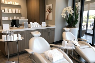 A serene spa reception area presents a tranquil atmosphere, reflecting luxury and relaxation, inviting clients into a world of wellness and rejuvenation.