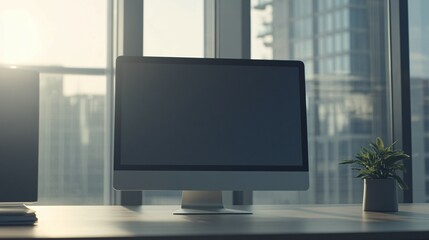 Fototapeta premium Modern desktop computer sits on a desk near a window