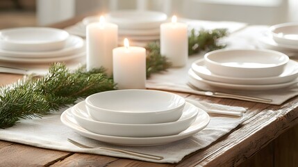 Modern Table Setting with White Ceramic Plates and Candles