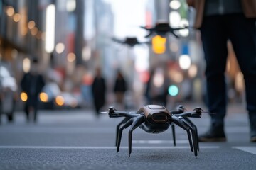 Fototapeta premium A high-tech drone hovers over a bustling city street, showcasing the intersection of technology and urban life, symbolizing modern connectivity and innovation.