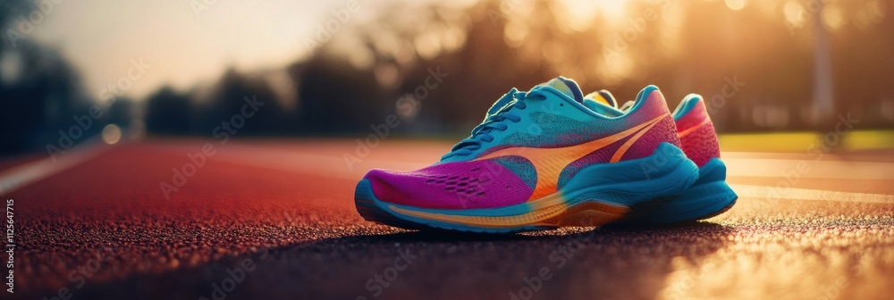 Poster bright running shoes rest on a track, showcasing their vibrant colors as sunlight shines in the back