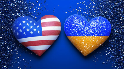 Fototapeta premium Two hearts, one with the USA flag and the other with the Ukraine flag, sit on a vibrant blue glitter backdrop
