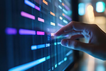 A hand interacts with a digital display showing colorful data visualizations.