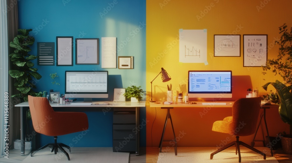 Fototapete two workspaces side by side: a minimalist setup and vibrant art displays, with ample copy space avai