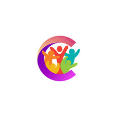Letter C logo and people care design social, colorful style