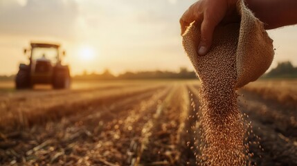 A hand pours seeds onto a field at sunset, with a tractor in the background.