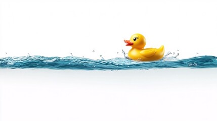 Yellow rubber duck floating on water with splashes against a white background  

