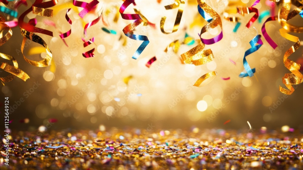 Poster falling confetti and curling ribbons create a vibrant atmosphere on a shimmering golden background, 