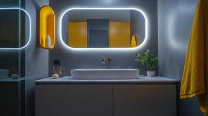 Modern bathroom with illuminated mirror, yellow accents, and white sink.