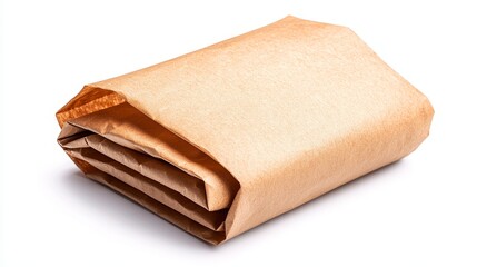 a small brown paper lunch bag, filled and slightly puffed, detailed realism, isolated on white background