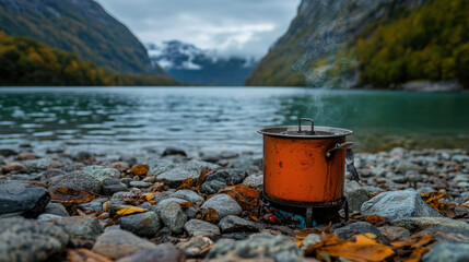 Shoreline and Camping, A rustic orange kettle sits on rocky ground beside a serene lake, surrounded by mountains and autumn foliage under a cloudy sky.