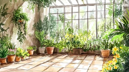 Sunlit Greenhouse Filled With Lush Green Plants And Flowers