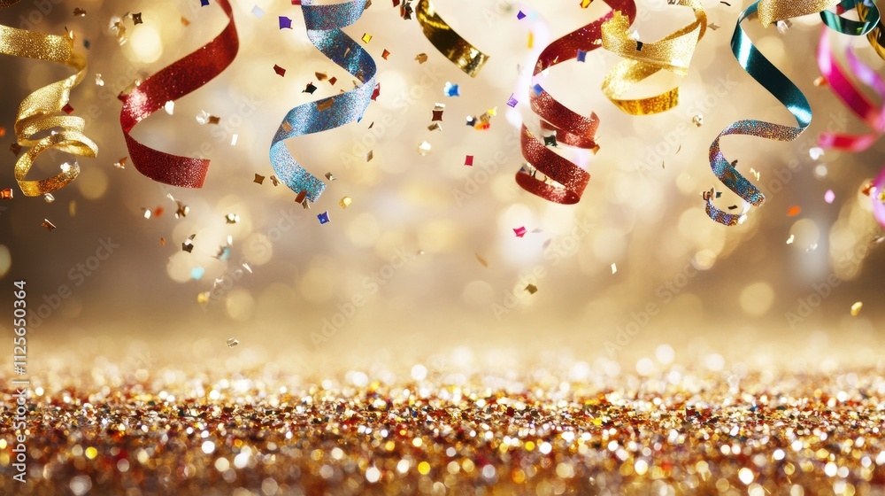 Aufkleber colorful confetti and curling ribbons cascade down a sparkling golden backdrop, creating an energeti