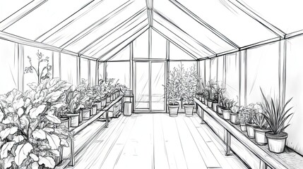 Fototapeta premium Sketch of a Greenhouse Filled With Potted Plants