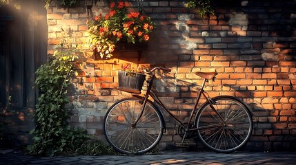 Fototapeta premium Rustic Charm: A Vintage Bicycle Leaned Against a Brick Wall Bathed in Golden Sunlight