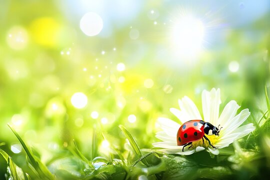 A ladybug crawling on a leaf, macro photography, macro lens, blurred background, sunny day, natural light, green grassland, commercial poster design, close-up lens, high resolution, professional photo