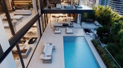 Obraz premium Luxurious penthouse apartment with private pool and city views.