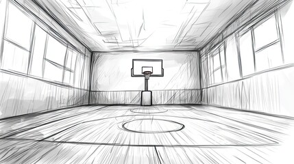 Fototapeta premium Sketch of an Empty Basketball Court Interior