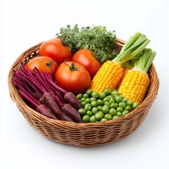 Bountiful basket of fresh vegetables: tomatoes, corn, peas, kale, carrots.