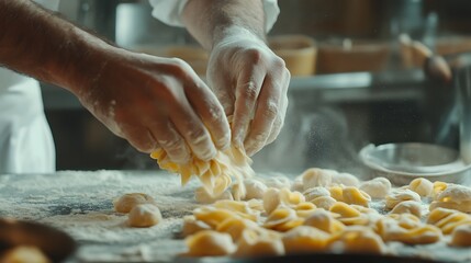 Chef's Hands Preparing Delicious Steaming Pasta