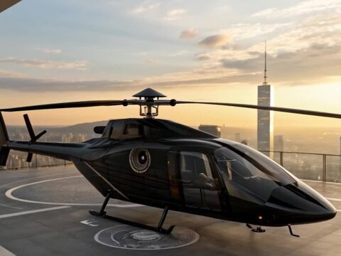 black helicopter at sunset evtol futuristic passenger transport on the roof of a building overlooking the metropolis