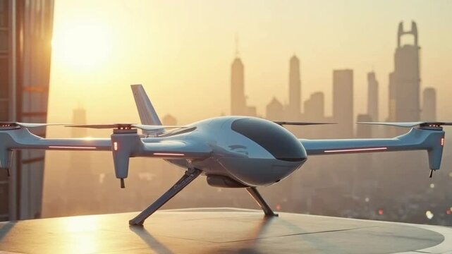 signs glow of airplane drone-style landing ground evtol futuristic passenger transport on the roof of a building overlooking the metropolis