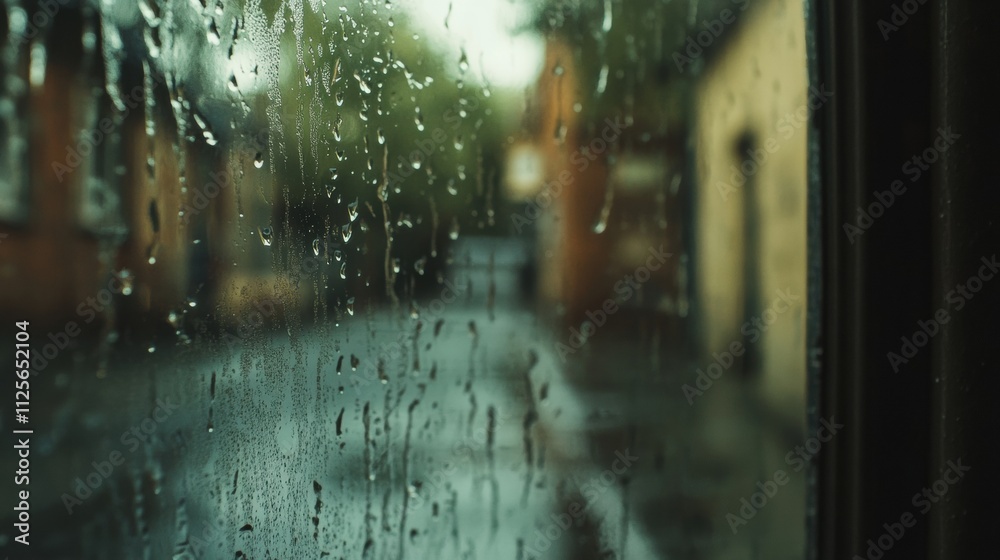 Aufkleber clear raindrops cling to a windowpane, revealing an empty street with reflections of buildings and a