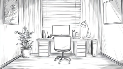 Sketch Of A Home Office Workspace With Desk And Computer
