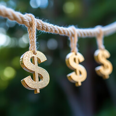 Obraz premium Golden dollar symbols hanging on rope, symbolizing wealth and prosperity. blurred background adds dreamy effect, enhancing visual appeal