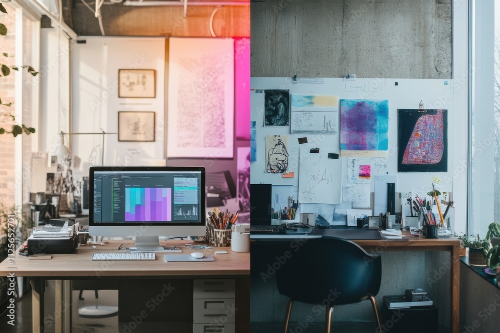 Poster a split-screen shows a minimalist workspace on one side and a colorful, sketch-filled artistic displ