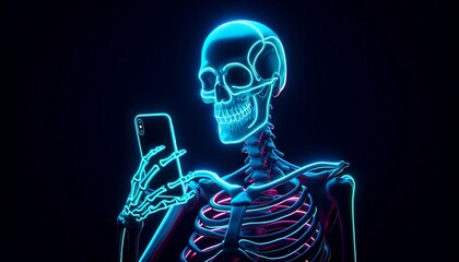 Glowing neon skeleton holding smartphone against dark background