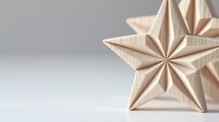 Close-up of a carved wooden star, delicate wood patterns visible, placed on a clean white surface, exuding a sense of prestige