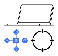 Laptop, infographic symbols for teamwork, clock, document, gear, lightbulb, and large target circle. Ideal for business strategy, project planning productivity team collaboration time management