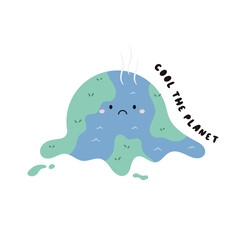 Cute Cartoon Vector Illustration of Planet Earth Suffering from Global Warming. Perfect for Posters, Social Media, and Eco Campaigns. Climate Change Concept Design.