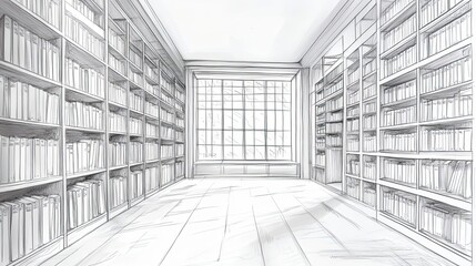 Fototapeta premium Sketch of a Spacious Library with Bookshelves and a Window