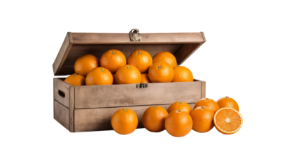 A Treasure Chest Overflowing with Juicy Oranges: A Vibrant Still Life of Fresh Citrus Fruits in Rustic Wooden Crate