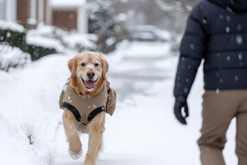 A happy golden retriever wearing a coat joyfully runs through the snow, showcasing a cheerful moment between the dog and its owner on a snowy day.