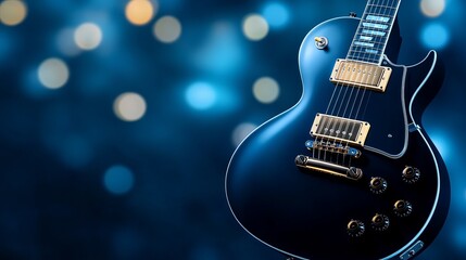 Naklejka premium Electric guitar illuminated by spotlights on dark blue background