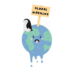Cute Cartoon Vector Illustration of Planet Earth and Penguin Suffering from Global Warming. Perfect for Posters, Social Media, and Eco Campaigns. Climate Change Concept Design.