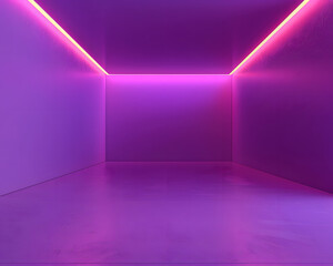 A minimalist room illuminated with vibrant purple and pink neon lights.