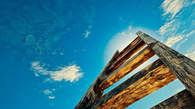 Wooden Ladder Reaching into Blue Sky with Clouds Above