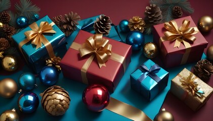 Elegant Сhristmas gift boxes and decor on red. AI generated