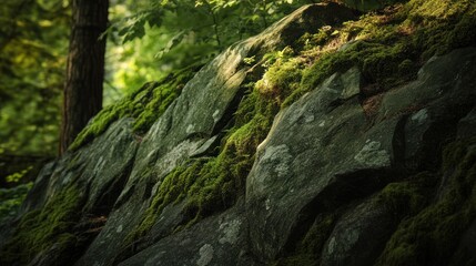 Obraz premium Moss-Covered Rocks in a Lush Forest: A Serene Nature Scene