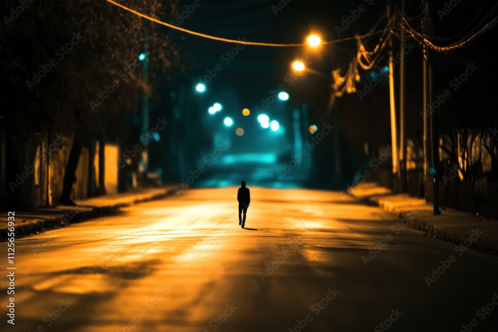 Poster a lone person strolls down an empty street at night, surrounded by warm streetlight glow and dark sh