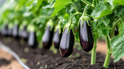 Organic green eggplant row in modern greenhouse automated system