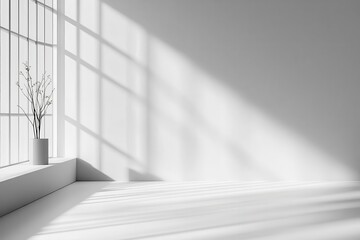 Obraz premium A minimalist interior with a plant and natural light casting shadows on a white wall.