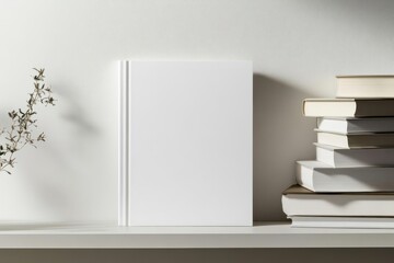 Obraz premium A minimalist scene featuring a blank book beside stacked books on a shelf.