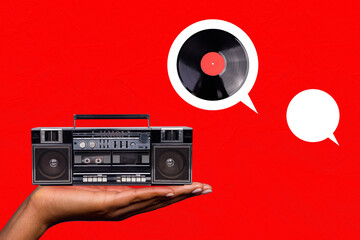 Composite photo collage of hand hold boombox player palm bubble cd disk record retro party hit music event isolated on painted background